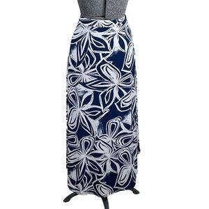 Chico's Linear Floral Pattern Midi Skirt - Colonial Coast Blue / White